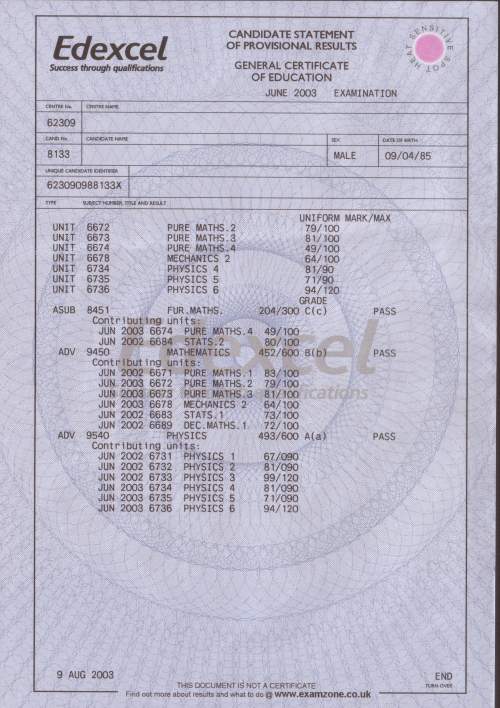 Here is my Edexcel exam statement of results for this year (my A2 ...