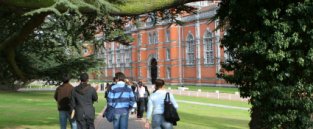 Freshers walking across university campus