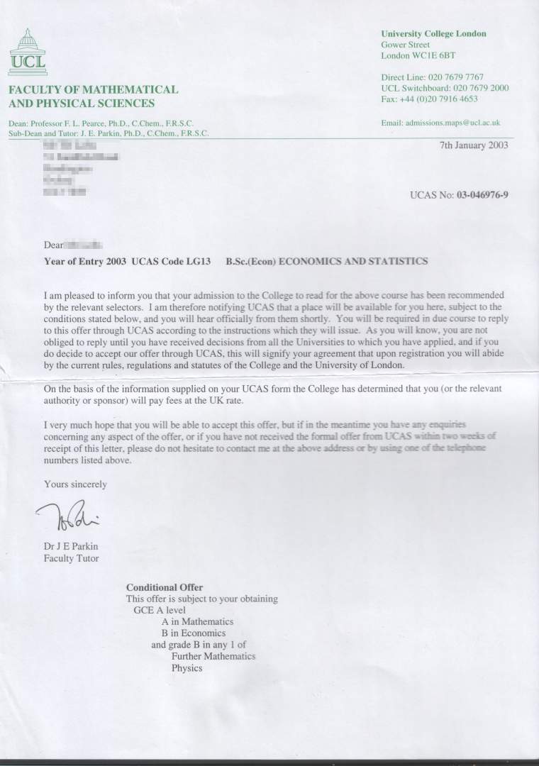 UCL offer letter